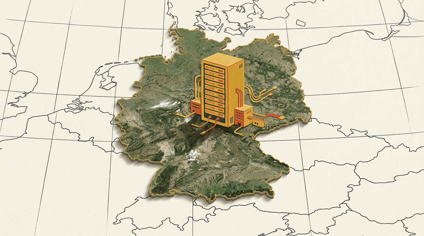 Symbolische Illustration eines Serverracks auf einer Deutschlandkarte; keine Darstellung eines konkreten AWS-Standorts.