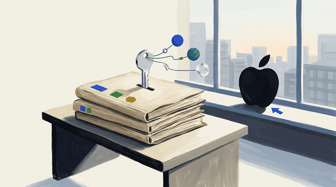 Illustration: Ein Stapel Dokumente auf einem Tisch, darüber schweben ein Zahnrad mit Schraubenschlüssel und bunte Netzwerkknoten, daneben ein schwarzes Apple-Logo vor einem Fenster mit Stadtansicht.