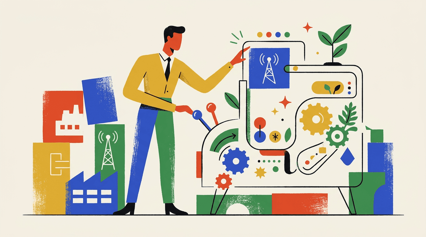 Illustration einer Person an einer Maschine mit Zahnrädern, Netzsymbolen und Pflanzen vor stilisierten Gebäuden.
